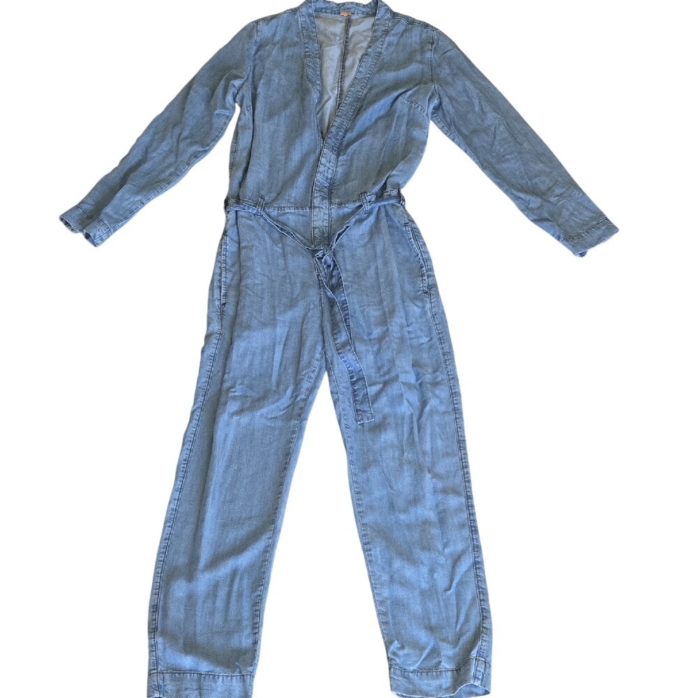 Free People Lyocell Denim Jumpsuit Light Wash Blue Long Sleeve Utility Belted